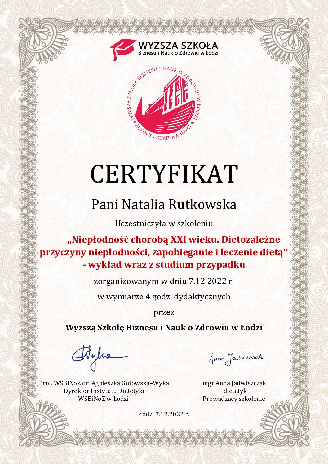 certyfikat niepłodność