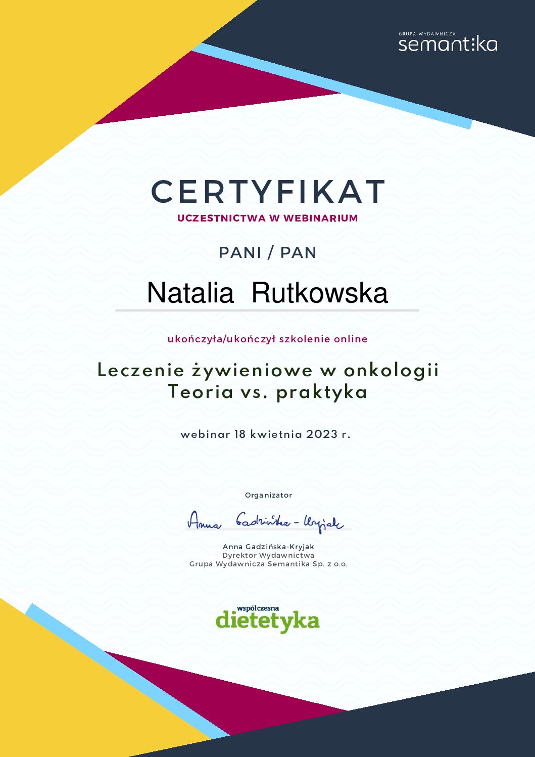 Certyfikat - leczenie w onkologii