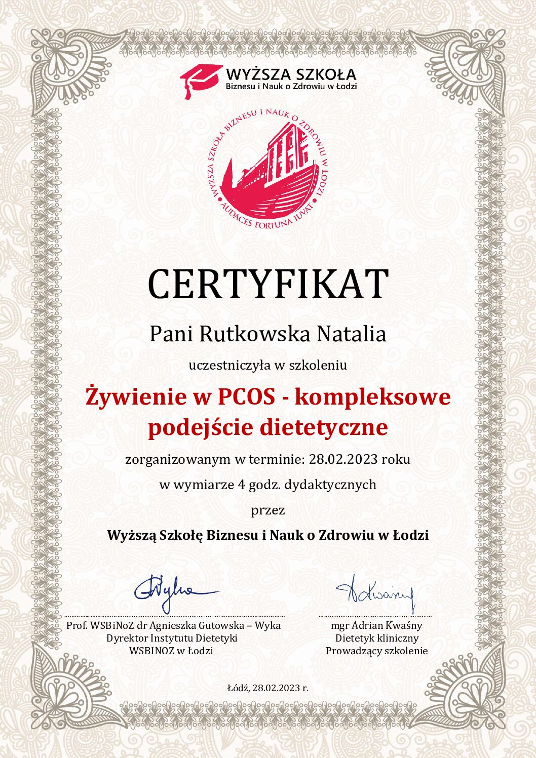 Certyfikat - żywienie pcos